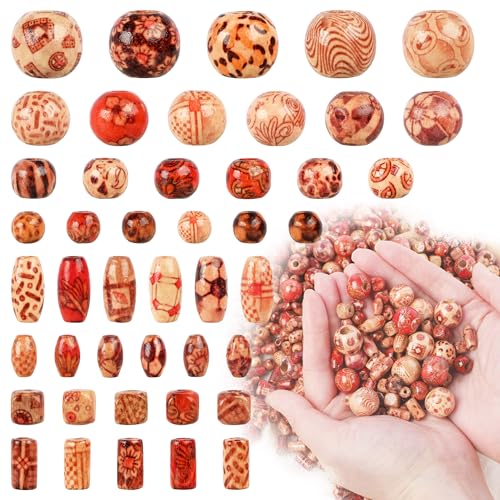 500 Pieces Printed Wooden Beads Various Shapes Loose Wood Beads for Jewelry Making DIY Bracelet Necklace Hair Crafts with One Hair Braid Tool