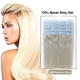 Fabwigs Tape In Human Hair Extensions - 14 16 18 20 22 24 Inch 30g-70g 20pcs/Set #60 Platinum Blonde- Silky Straight Skin Weft Human Remy Hair