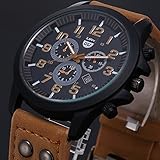 Teresamoon watch , Mens Date PU Leather Strap Sport Quartz Army Watch (Brown)
