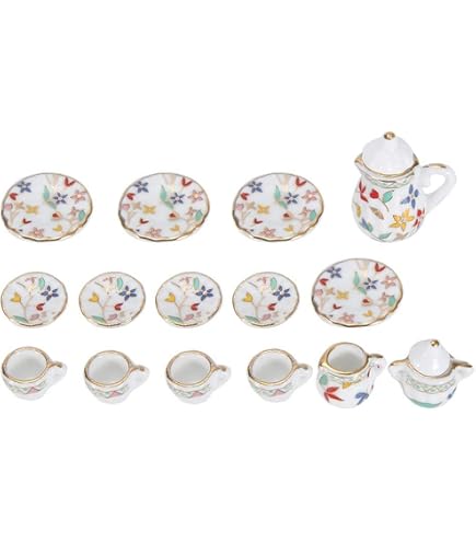 Service à Thé Miniature 15 Pièces – échelle 1:12, En Porcelaine, Motif Rose, Pour Maison De Poupée