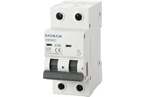Baomain Miniature Circuit Breaker 2-Pole 10A MBM6C DZ47-63 C10 400VAC, DIN Rail Mount MCB 2P, for Electrical Distribution and Lighting Circuits