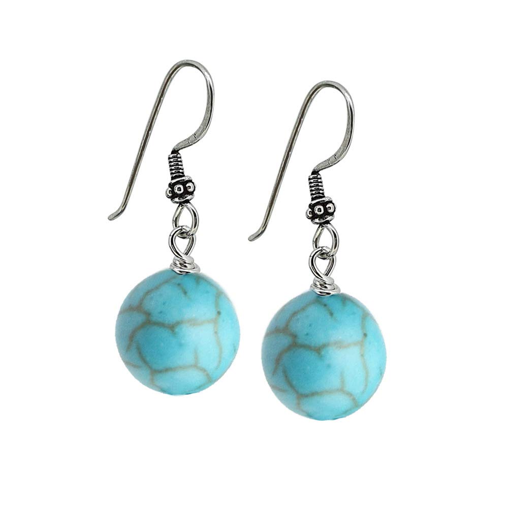 Treasurebay Handmade 12mm Natural Gemstone and Sterling Silver Dangle Drop Earrings (Blue Turquoise)