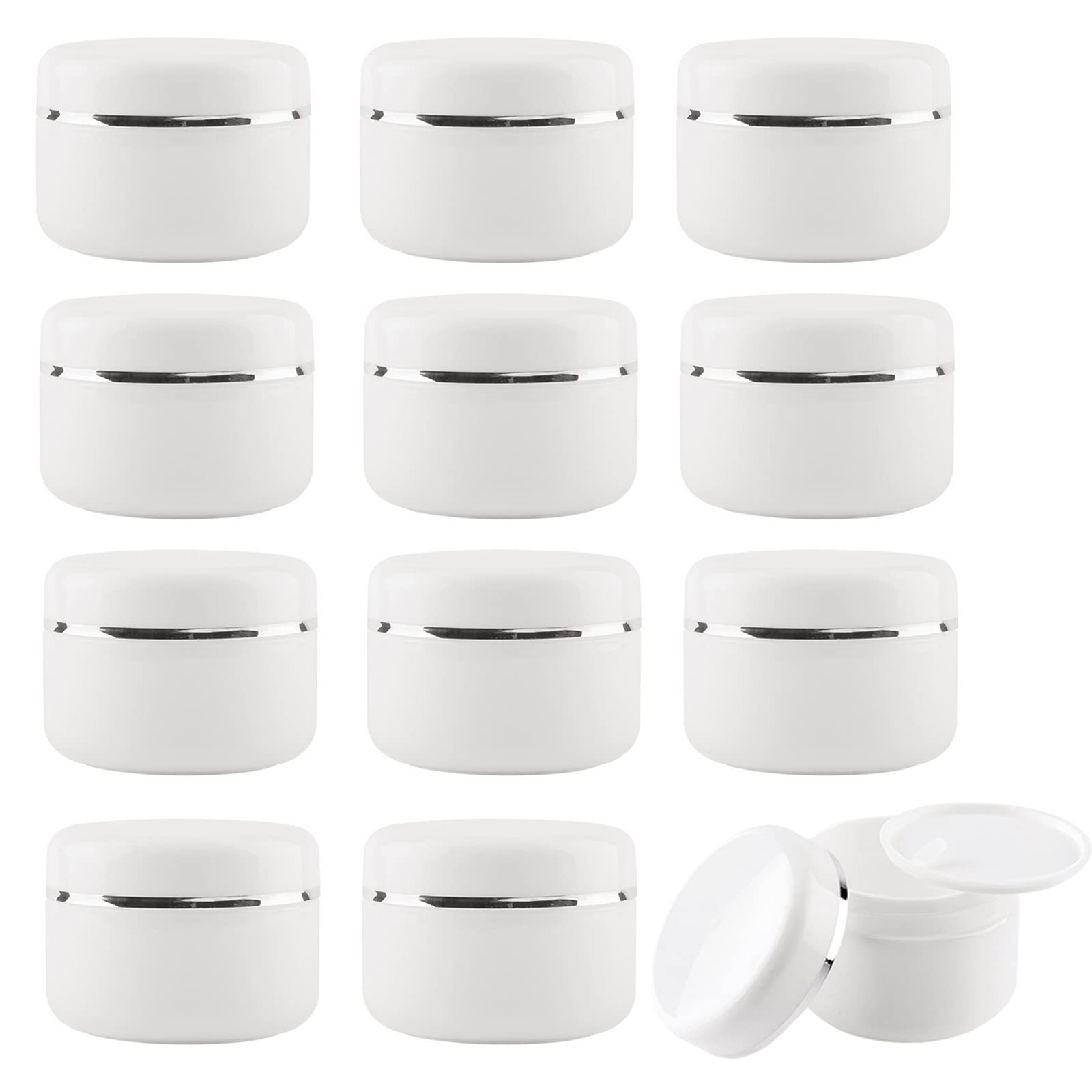 Alledomain 12Pcs 50ml/50g White Cosmetic Sample Jars with 3Pcs Mini Spatulas & 12 Labels, Plastic Refillable Travel Pot Containers with Silver Dome Lids & Inner Liners for Makeup Creams Beauty Nails