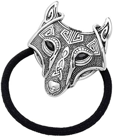 Woogge 3 Colors Viking Helm Of Awe Raven skull Wolf Head Pendant By Alchemy Gothic Halloween Bird Skull Stretch Hair Rope Ring For Women (antique silver(wolf head))