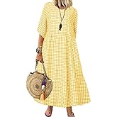 chouyatou Women's Casual Plaid Short Sleeve Beach Dress Crewneck Gingham Swing Flowy Midi Long Tunic Dress