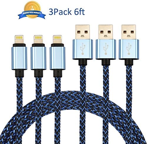 NEXCABLE 3Pack 6Feet Nylon Braided Certified Lightning Cable 8 pin Lightning to USB Charger Sync &amp; Charging Cord for iPhone 7 Plus 6S Plus 6 Plus SE 5S 5C 5, iPad 2 3 4 Mini Air Pro, iPod(Blue)