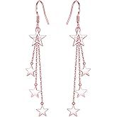 Asymmetrical Star Moon Tassel Drop Dangle Earrings for Women Dainty Long Lucky Star Crescent Planet Chain Tassel Earrings