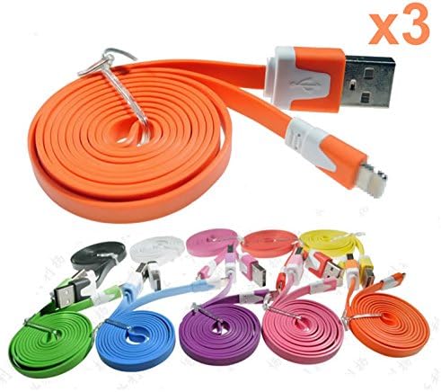 3 Pack USB Data Cable for iPhone 6, iPhone 6 Plus, iPhone 5, 5c, 5s, iPod Nano 7, iPod Touch 5, iPad 4, iPad 5, iPad Air, iPad Mini, iPad Mini Retina (Noodle Orange)