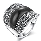 Dnswez Vintage Black Resin Marcasite Crystal Wide Band Cocktail Fashion Rings