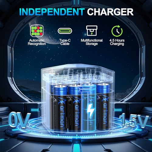 Artman Rechargeable Lithium AA Batteries 12 Pack with 12-Slot Charger, 3600mWh 1.5V High Power AA Lithium Batteries for Blink Outdoor Camera, Rechargeable Double A Battery with 2000+ Cycles (Black)