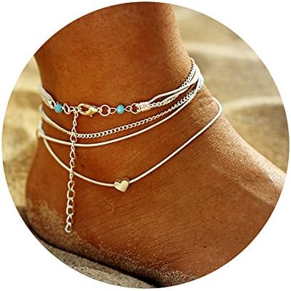 17KM Starfish Turtle Anklets Multi Layered Turquoise Stone Shell Boho Beach Sliver Charm Anklet for Women