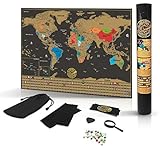 Scratch Off World Map Poster- Detailed Black & Gold Brown Travel Tracker Deluxe Edition Traveler Gift Set - Wall Art with Flags, Magnified Caribbean View & United States Outlined by Grynn(TM)