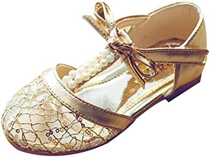 Girl princess shoes lace shoes pearl dress shoes bow-knot magic stickers sandals (Toddler US 6.5 M, Gold)