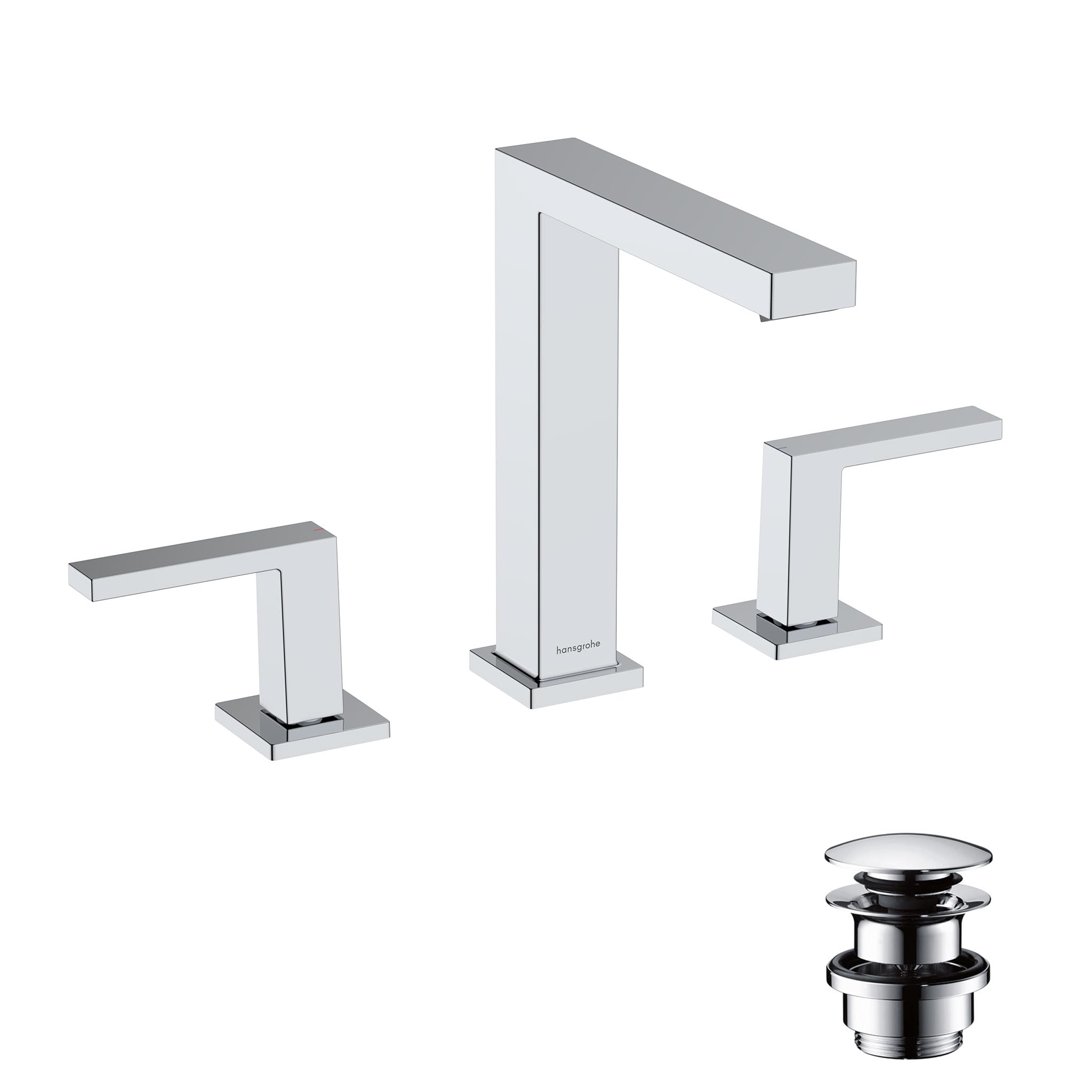 hansgrohe Tecturis E - 3-hole bathroom tap with push-open waste set, bathroom sink tap with spout height 150 mm, basin mixer tap water-saving (EcoSmart+), chrome, 73030000