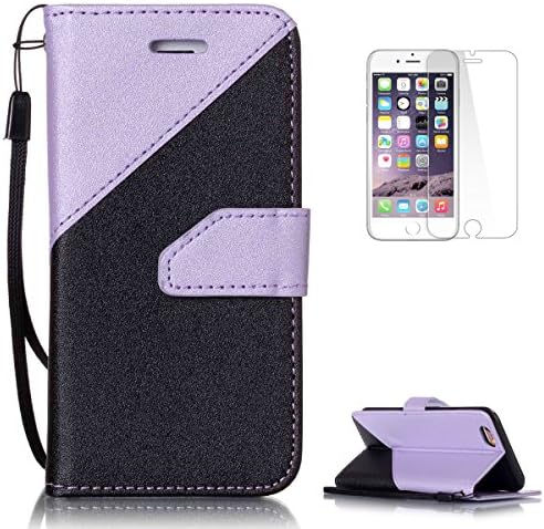 Apple iPhone 6/6S 4.7'' Case + Free Screen Protector CasesHome Stitching Color Wallet Design with Card Slots Wrist Strap Silicone Bumper Faux PU Leather Shell[Black and Light Purple]
