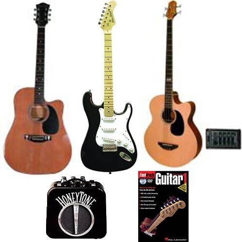 Acoustic & Electric Guitars & Bass Beginner Pack - Dreadnought Acoustic Guitar in Natural Color, Double Cutaway Electric Guitar in Black, Bass Guitar w/Spruce Top, Mini Amp & Beginner Book