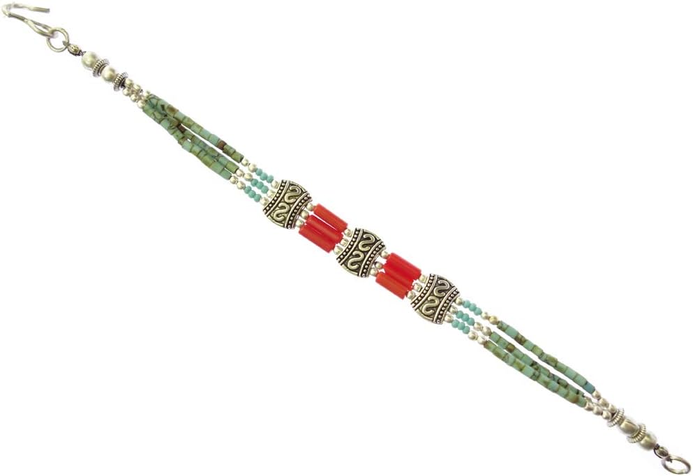 Tibetan SilverHandmade Ethnic Wristband Bracelet for Women and Men Coral & Compressed Turquoise Gemstone Fashion Boho Tibetan Bracelet 925 Silver Plated Tribal Gypsy Jewelry