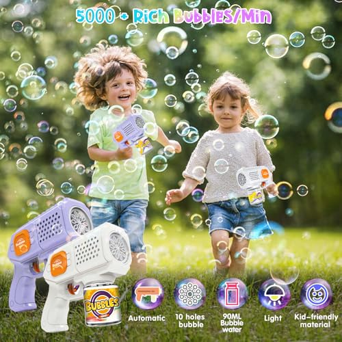 Bombble 2 Pcs Automatic Bubble Gun - 8000+ Bubbles/Min Via 10 Holes, Leakproof and Portable, LED Lights, Bubble Machine for Children - Birthday/Wedding/Party/Gift