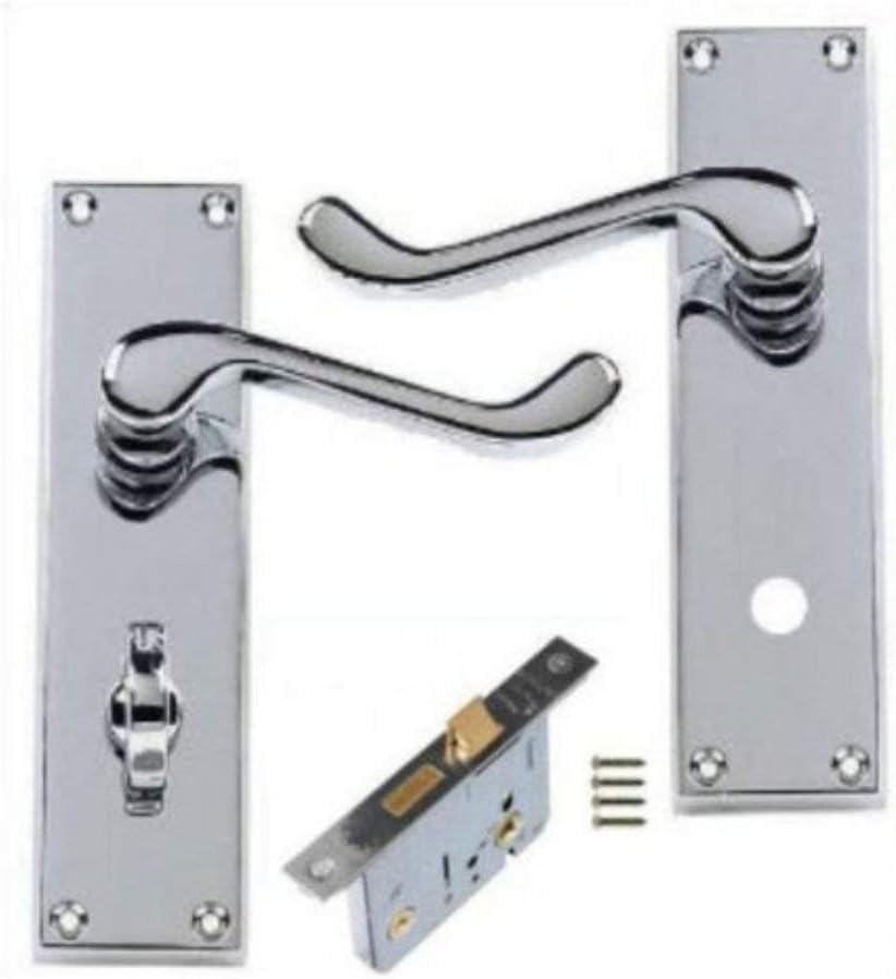 Victorian Scroll Polished Chrome Bathroom Door Handles + 64mm Bathroom Lock Set Golden Grace