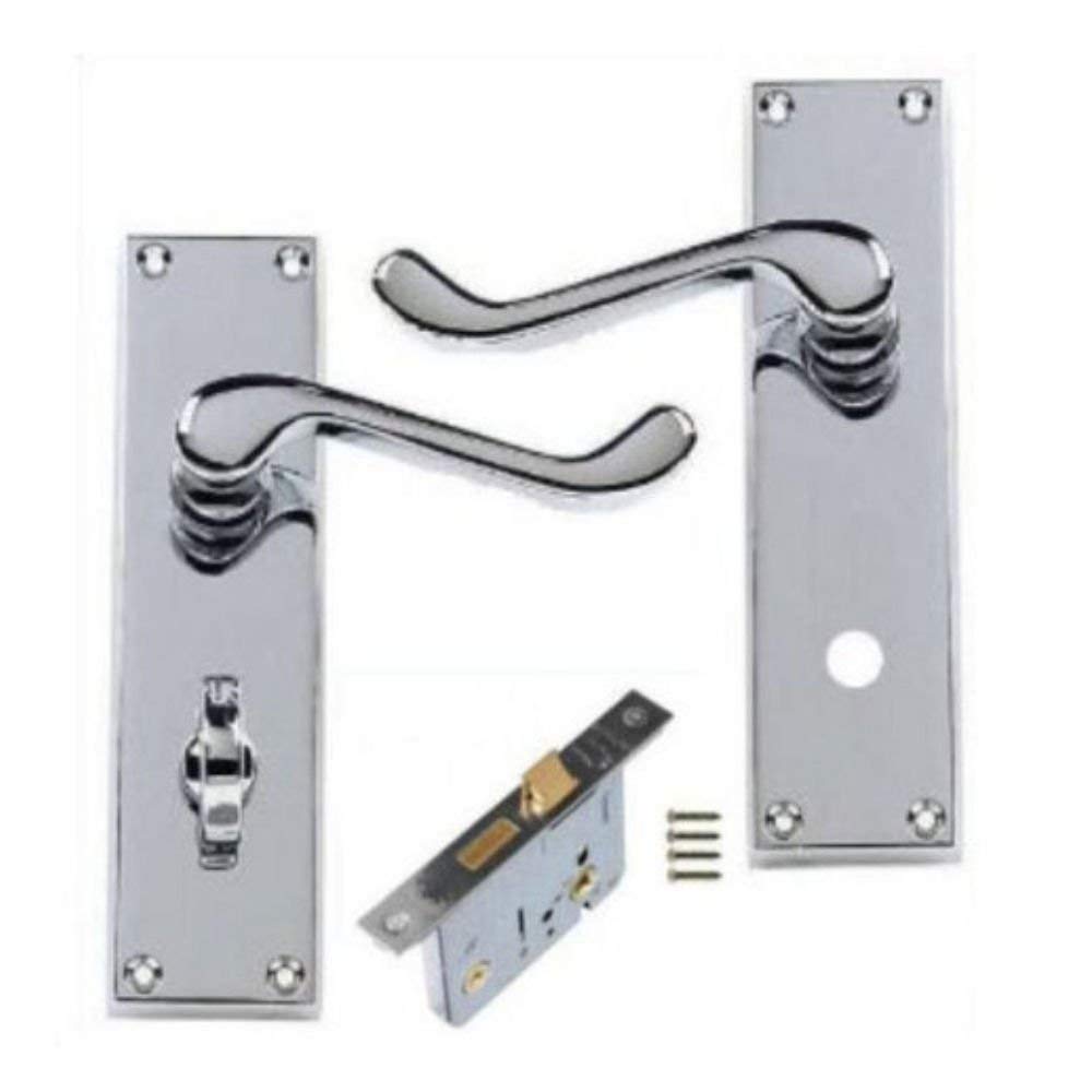 2X Victorian Scroll Polished Chrome Bathroom Door Handles + 64mm Bathroom Lock Set