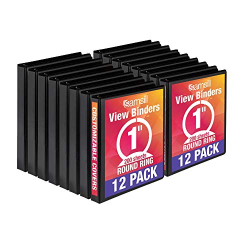 Samsill Economy 3 Ring View Binders, 1 Inch Round Ring, Customizable Clear View Cover, Black, Bulk Binders - 12 Pack