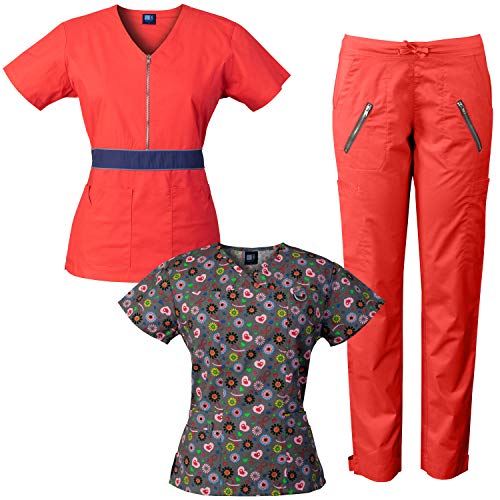 Stretch Scrubs Set with Printed Top Combo, Half Zipper with Color-Block Waistband