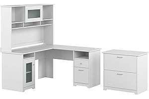 BUSH BUSINESS FURNITURE Bush Furniture Cabot 60W L Shaped Computer Desk with Hutch and Lateral File Cabinet in White