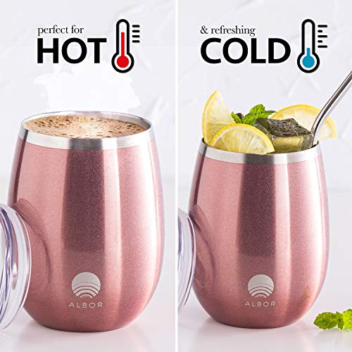 Albor Triple Insulated Wine Tumblers with Lids and Straws Rose Gold Wine Tumbler Set (12 Oz, 4 Pack)