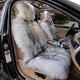 IMQOQ A Pair Genuine Sheepskin Car Seat Covers Luxury Fur Long Wool Car 2 Front Seat Covers Set Winter Warm Universal White Grey