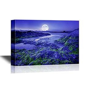 Beautiful Nature Landscape/Scenery Canvas Wall Art - Full Moon Over The Coast in Cornwall, UK - Gallery Wrap Modern Home Art | Ready to Hang - 12x18 inches
