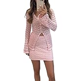 Ninimour Women Crochet 2 Piece Skirt Set V Neck Long Sleeve Top and Mini Skirt Hollow Out Lounge Set Beach Cover Up Set