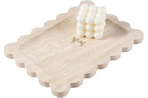 Koville Romano Travertine Vanity Tray, 11"x8" Natural Marble Decorative Scalloped Tray for Jewelry Cosmetics Perfume Trinket, Stone Organizer Tray for Countertop Bathroom Kitchen Dresser(Beige)