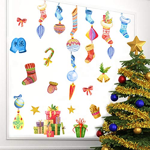 IARTTOP Colorful Christmas Supplies Wall Decal, Watercolor Christmas Socks Gloves Window Clings Decorations Bell Sticker for Kids Room Bedroom Decor (31Pcs)