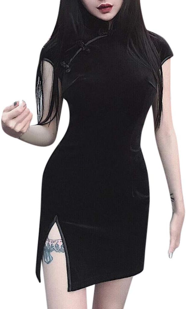 SCHOLIEBEN Women Gothic Punk Chinese Cheongsam Harajuku Dress Vintage Split Dress
