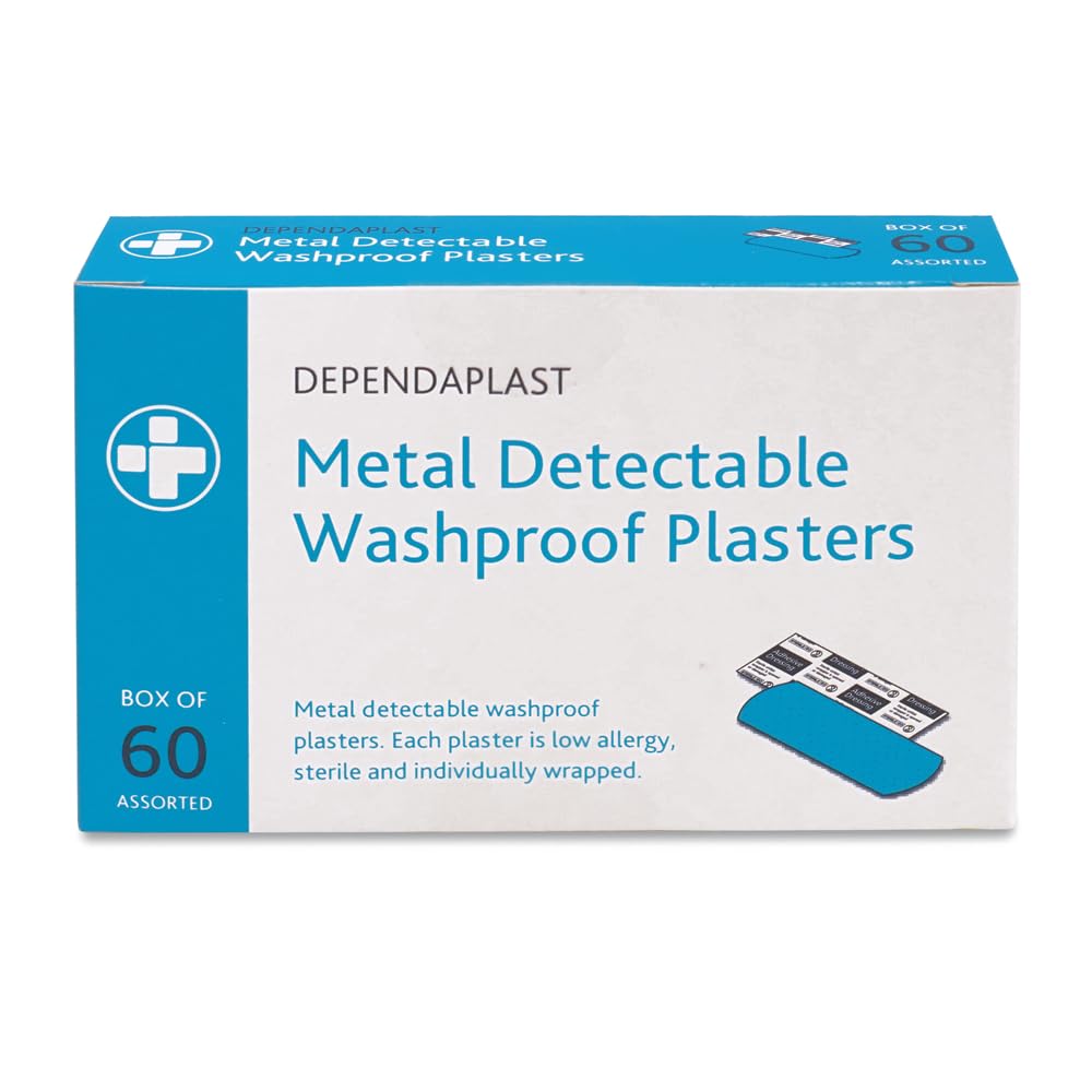 Dependaplast Wash Proof Blue Plasters. First Aid Kits Refill, Sterile, Low-Allergy Adhesive, Storage Dispenser Box of 60 Plasters
