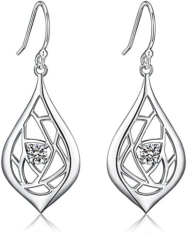 Sterling Silver Rose Design Dangle Earrings With 4.0mm/0.43ct Hearts &amp; Arrows Cutting Simulated Diamonds