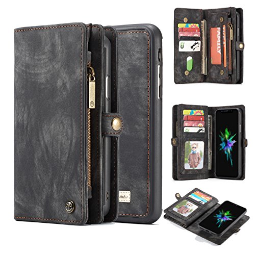 iPhone 8 Wallet Case,AKHVRS Handmade Premium Cowhide Leather Wallet Case,Zipper Wallet Case [Magnetic Closure]Detachable Magnetic Case & Card Slots for iPhone 7 (2016) & iPhone 8 (2017) - Black