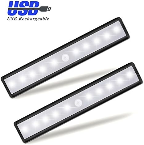 Motion Sensor Cabinet Light Night 850 mAh Battery,YIGER USB Rechargeable 10 LED with Removable Magnet+3M Adhesive ，Hallway/Wardrobe/Washroom /Stairs/Storage Room (Black 2-pack)