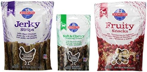 Hill's Science Diet Adult Dog Treat 3 Flavor Variety Bundle: (1) Science Diet Cranberries & Oatmeal Fruity Snacks, (1) Science Diet Chicken Jerky Strips, and (1) Science Diet Soft & Chewy Chicken Training Treats, 3-8.8 Oz. Ea. (3 Bags Total)