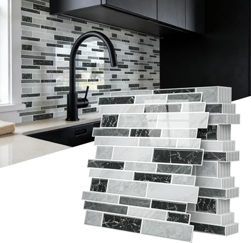 Vieshful 10 Pieces Adhesive Kitchen Tiles 30 x 30 cm, Self-Adhesive PVC Marble Effect Tiles, Kitchen and Bathroom Splash Protector, Wall Cladding Without Works Marble Black-Grey
