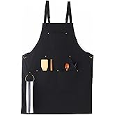 Muulaii Canvas Chef Apron, Cross Back Apron for Men Women with Adjustable Straps Metal Loop and Large Pockets, Black