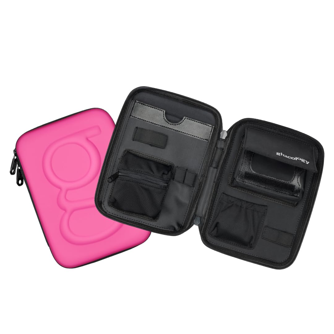 Glucology™ Diabetic Travel Case Plus Size - Organizer for Blood Sugar Test Strips, Medication, Glucose Meter, Pens, Insulin Syringes, Needles, Lancets - Hardshell Carrier Pack - Pink, Pink