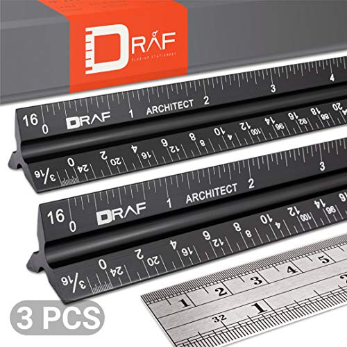 12-Inch Architectural Scale Ruler Set (Imperial) | Laser-Etched Aluminum Triangular Drafting Tool for Blueprints | Standard Metal Ruler Included