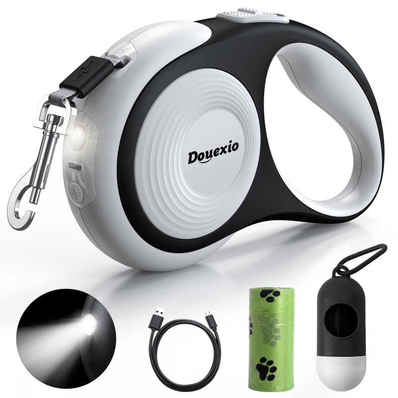 Photo 1 of Retractable Dog Leash with LED Flashlight, Douexio Upgrade 3 in 1 Dog Leash Retractable for Small Medium Dogs Up to 66 lbs, 16ft, Anti-Slip Handle,One-Handed Brake (White)