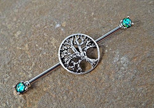 Tree of Life Glitter Opal Industrial Barbell Scaffold Piercing 14ga Body Jewelry Piercing Jewelry