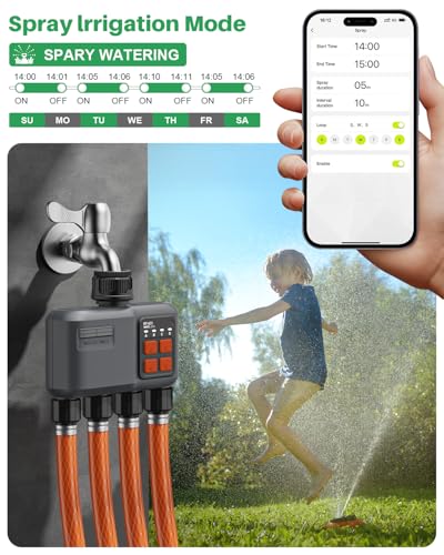 Smart WiFi Water Timer 4-Zone, Sprinkler Timer with with 984 Feet RF Gateway, 4 Outlets Hose Timer with Rain Delay, Wireless Irrigation Timer with Automatic/Manual for Garden/Lawn