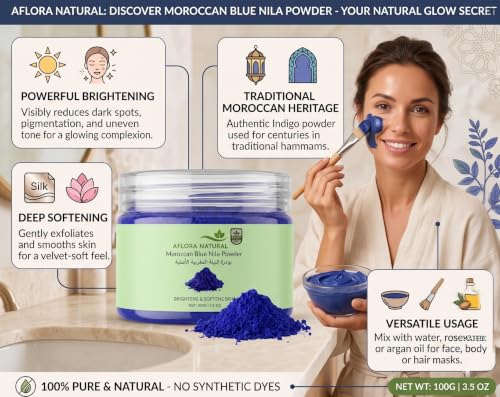 AFLORA NATURAL Moroccan Blue Nila Powder 100g – 100% Pure & Natural – Skin Brightening Face & Body Mask – Helps Reduce Tan, Dark Spots & Uneven Tone – Traditional Moroccan Beauty Care