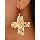 Chunky Gold Cross Earrings for Women Big Silver Statement Hammered Drop Dangle Earrings Simple Everyday Hook Earring Trendy Christian Jewelry Gift