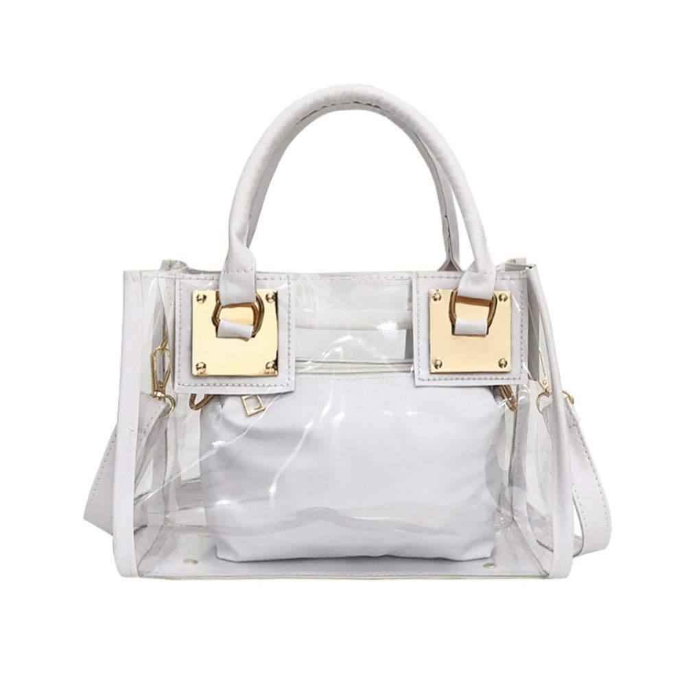AlwaySky Women Fashion Transparent Bag 2 in 1 Handbag Top Handle Tote Shoulder Crossbody Bag Off White