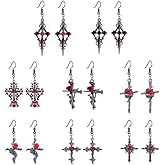 8 Pair Gothic Rose Cross Earrings Set for Women Punk Goth Red Rose Cross Dangle Drop Earrings Lightweight Goth Black Crosses Earrings Halloween Costumes Decorative Jewelry Gifts